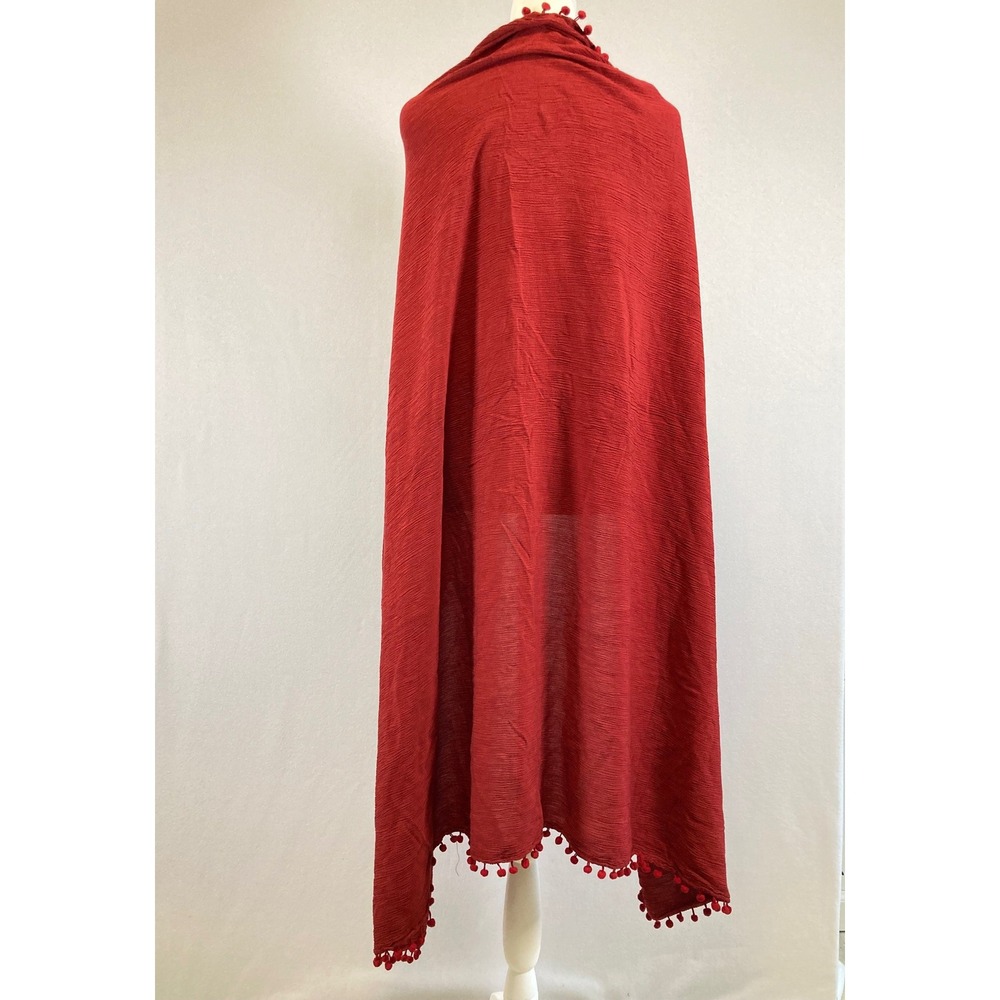 Boho‎ Tularosa Women OS Red Crinkle Textured Pom Pom Trim Scarf Wrap